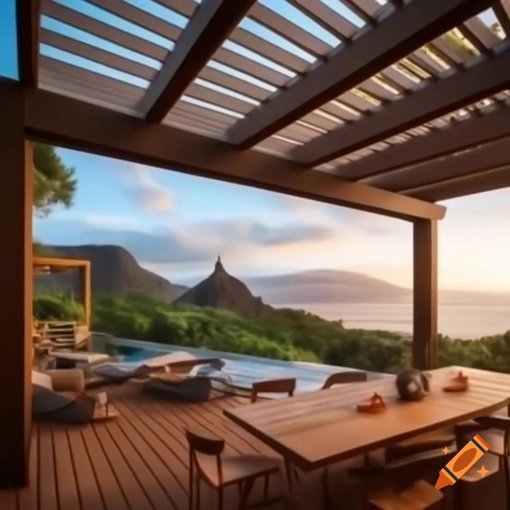 Exterior design featuring wooden frames in modern and traditional styles, showcasing pergolas and decks