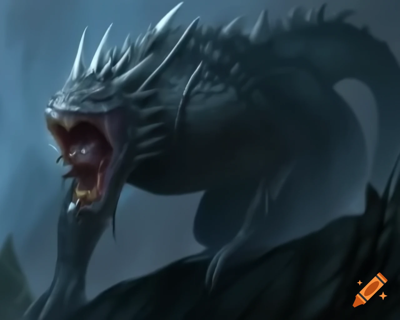 Two-headed gray serpent monster with sharp teeth and spikes on a cliff