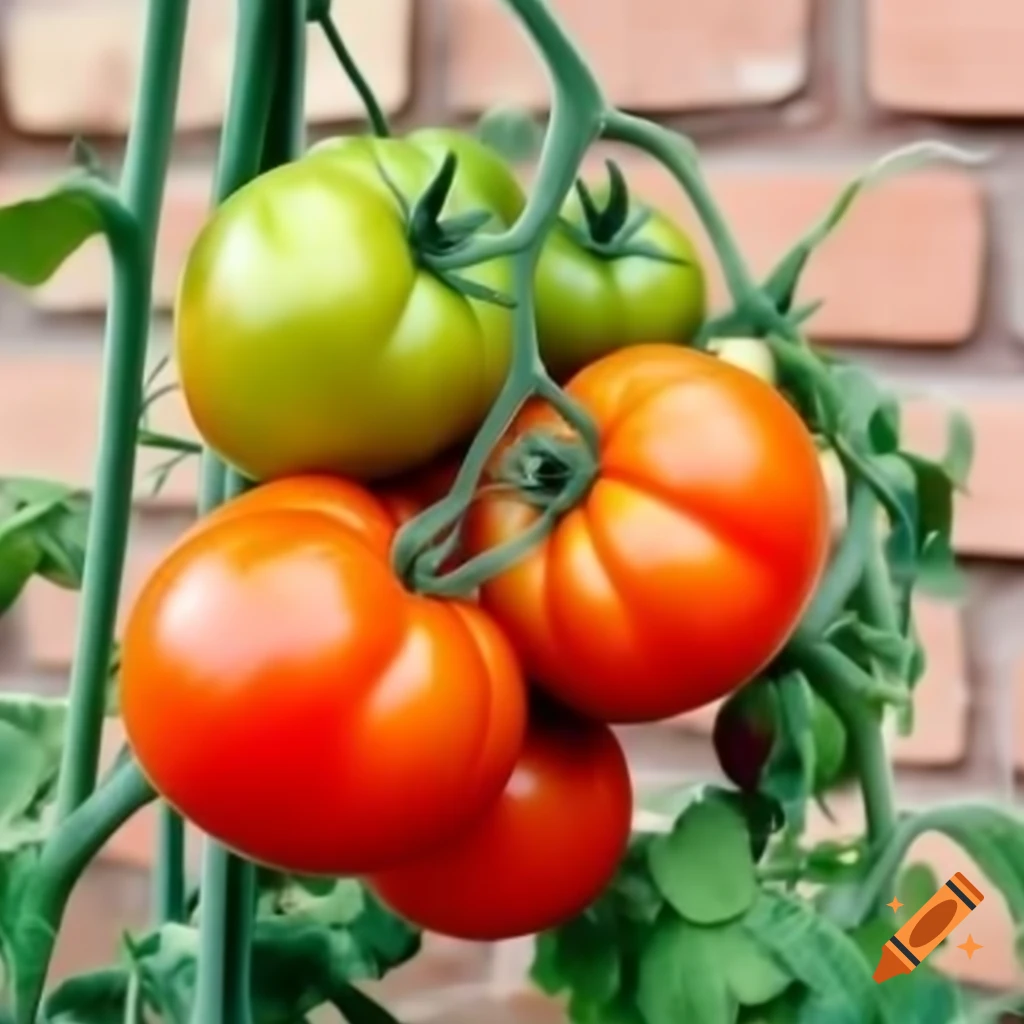 Tomato plants growing against a brick wall