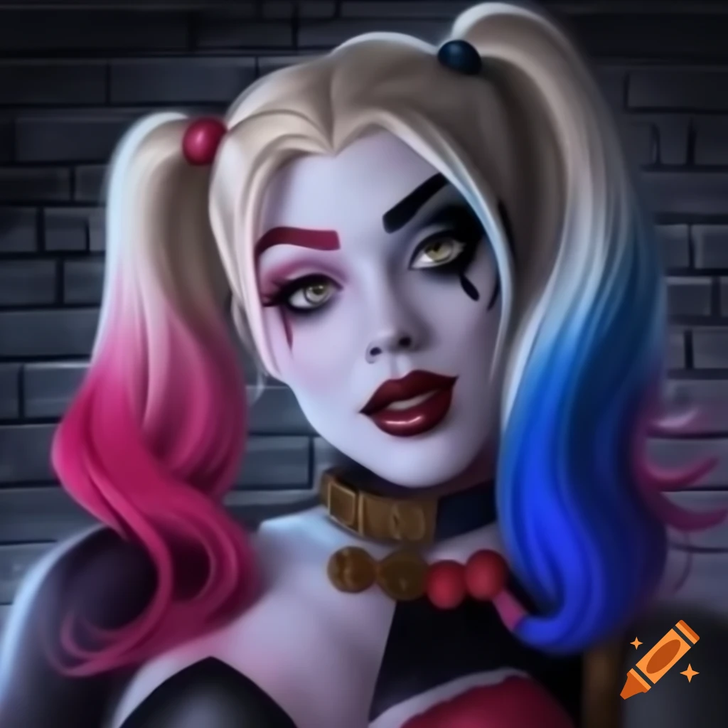 Detailed color sketch of Harley Quinn with pink and blue hair on dark brick background