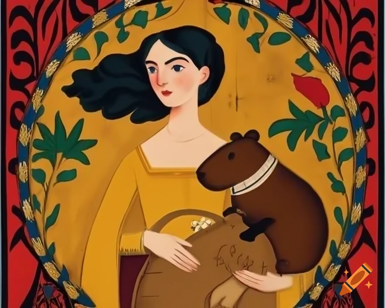 Medieval tapestry featuring Italian woman with black hair in yellow gown riding capybara