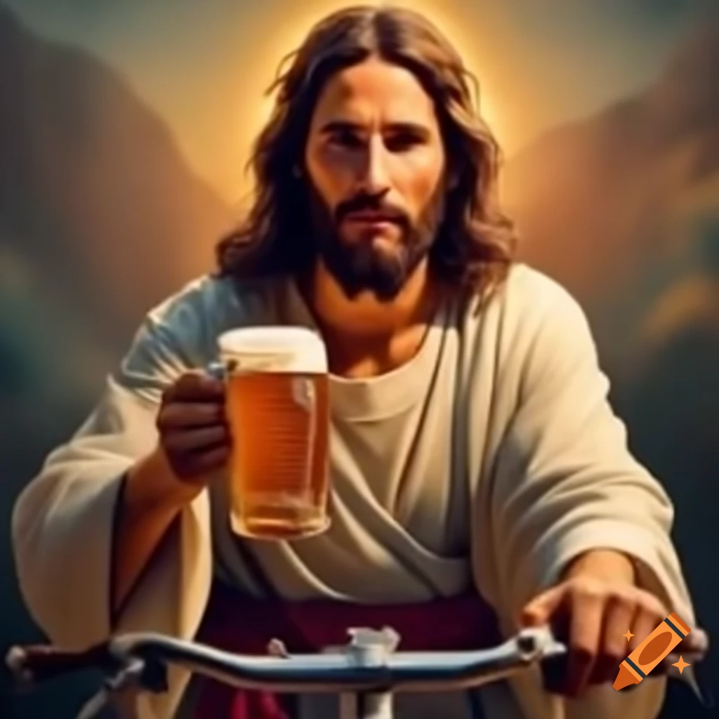 Jesus riding a bicycle while holding a beer