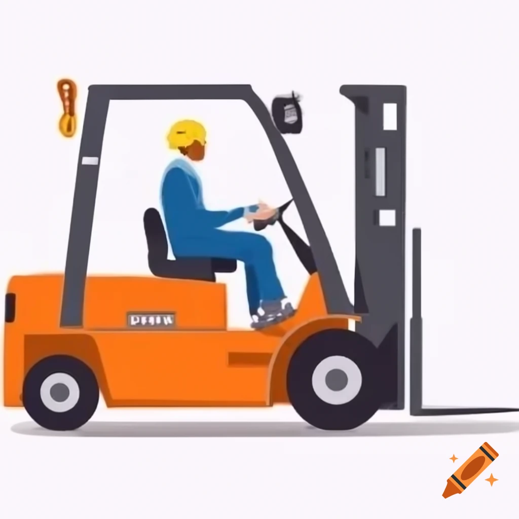Profile of orange forklift with lowered forks and driver wearing blue overalls and yellow helmet