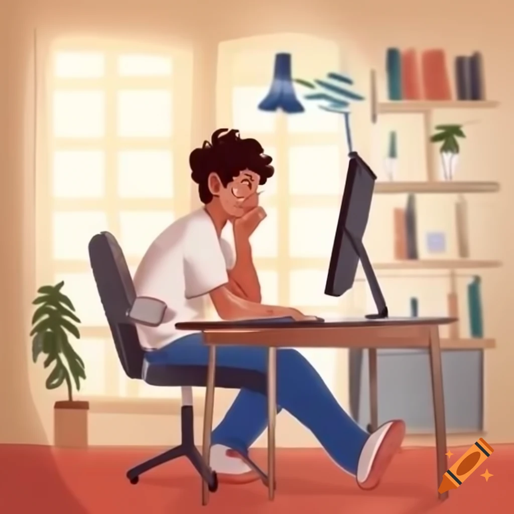 Person working at a desk in a modern cozy room with warm lighting and coffee