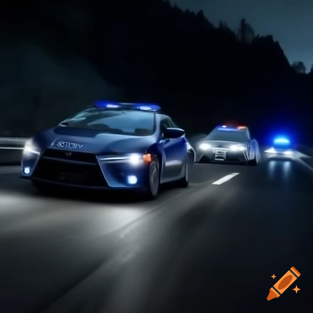 Mitsubishi Eclipse 2012 pursued by police cars on nighttime interstate