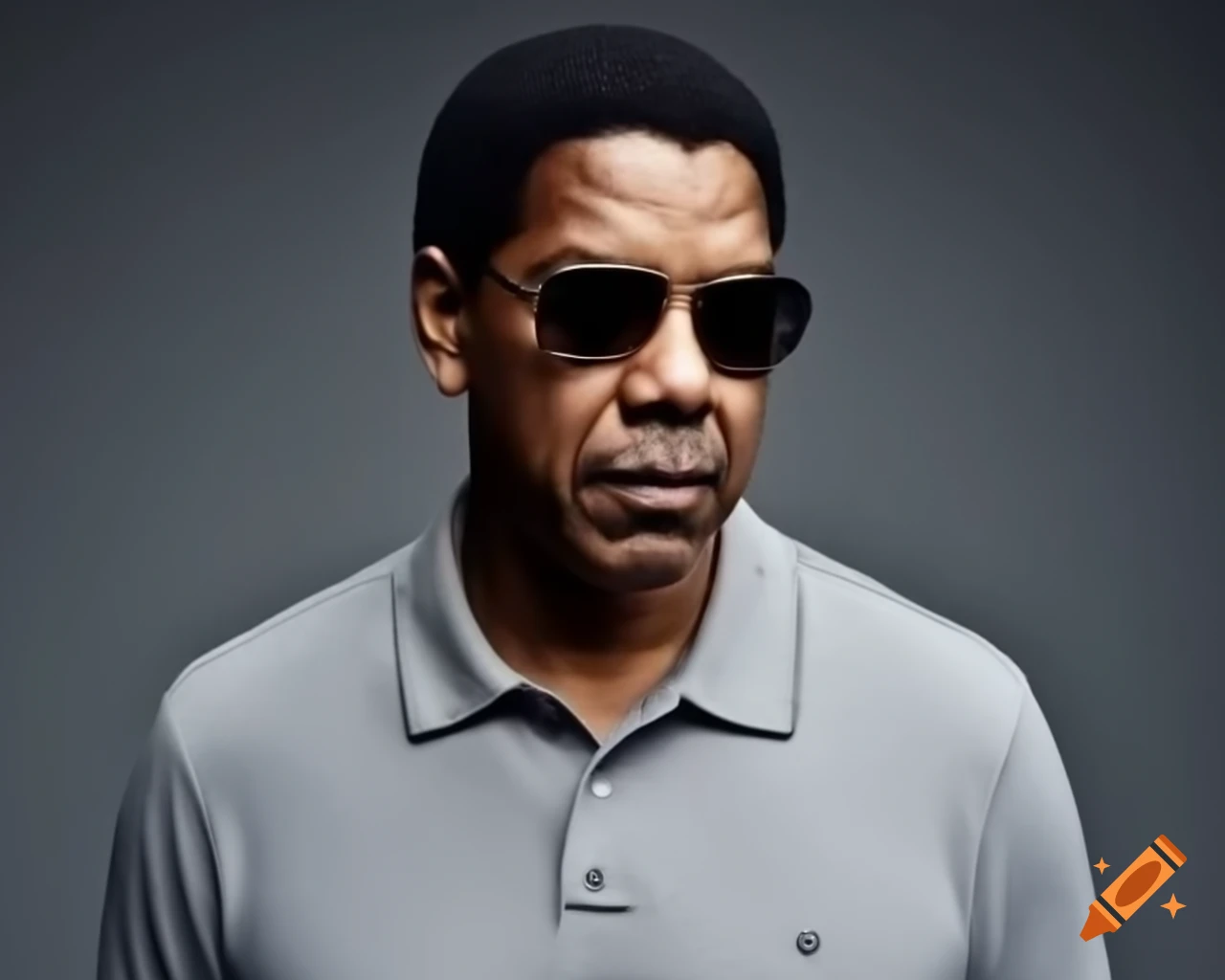 Denzel Washington in sunglasses and grey polo shirt against grey background