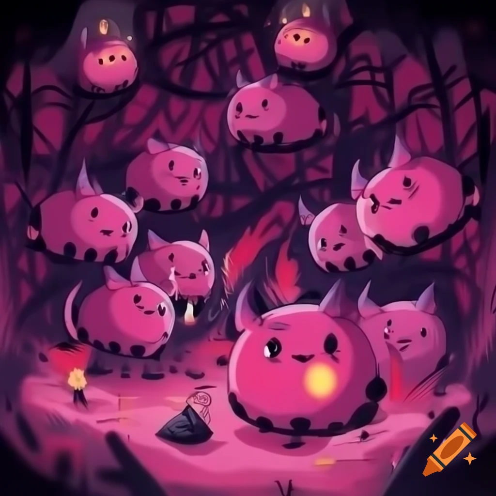 Cute devil horned kittens in pink and purple themed hell scenery, anime style