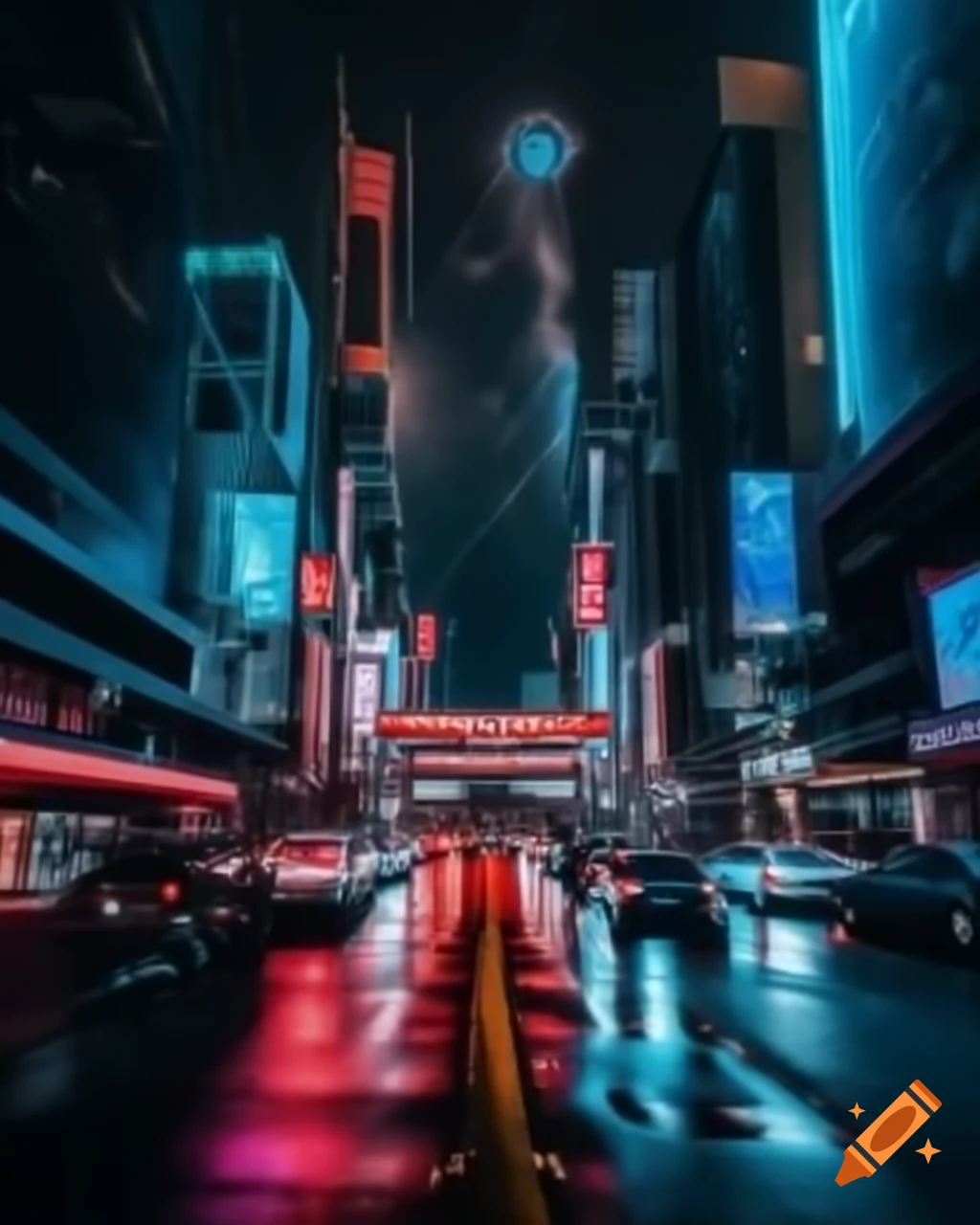 Cinematic night cityscape with neon lights and towering skyscrapers