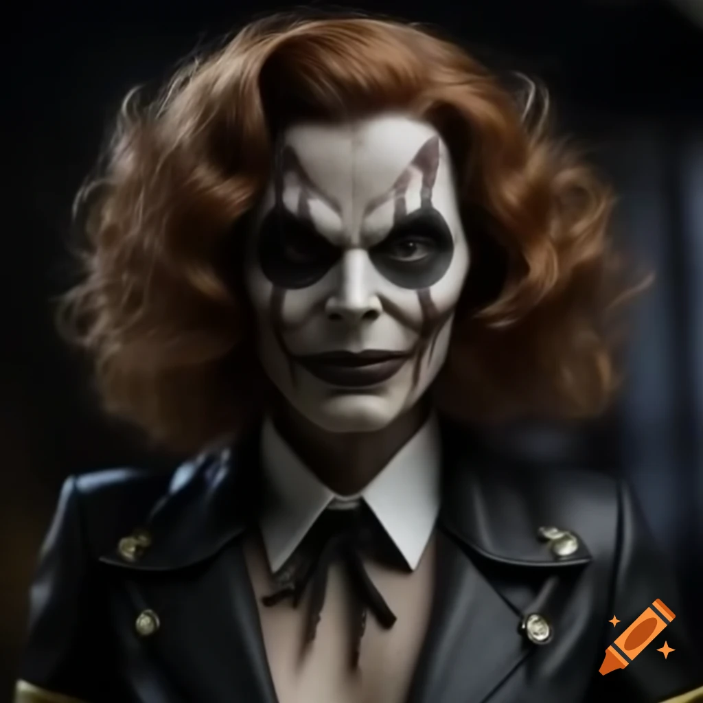 Realistic comic book supervillain woman in gilly suit with scary mask