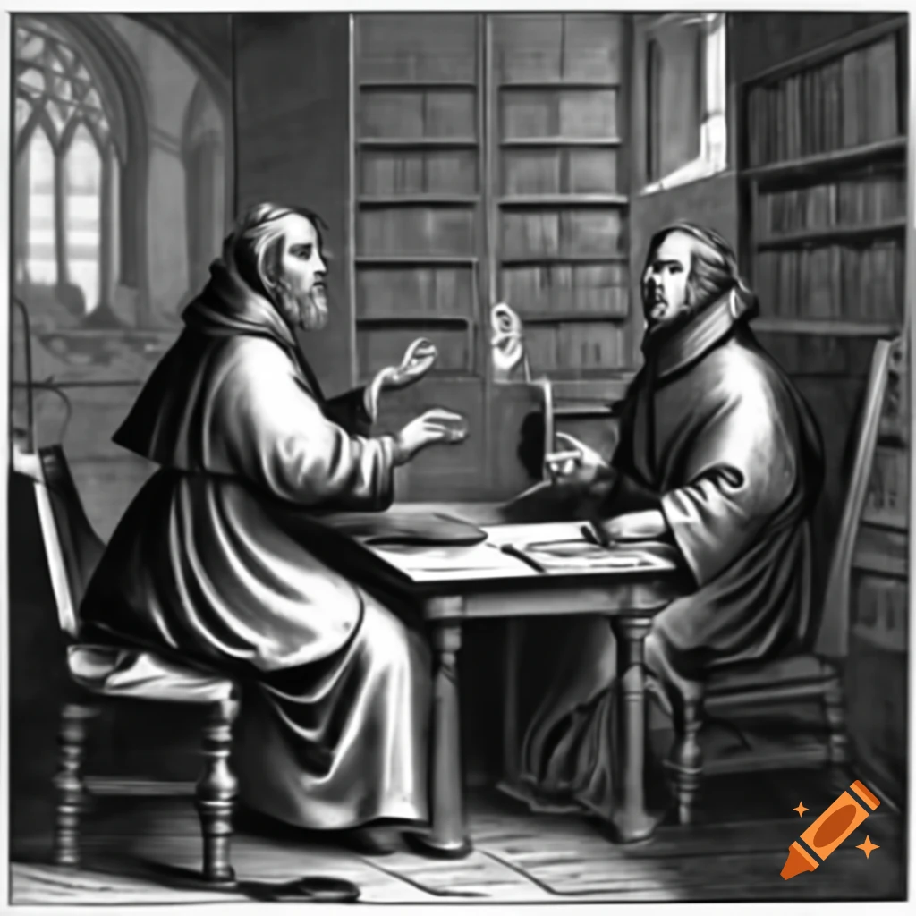 Two priests in library drinking beer from tankards while consulting books, engraving style