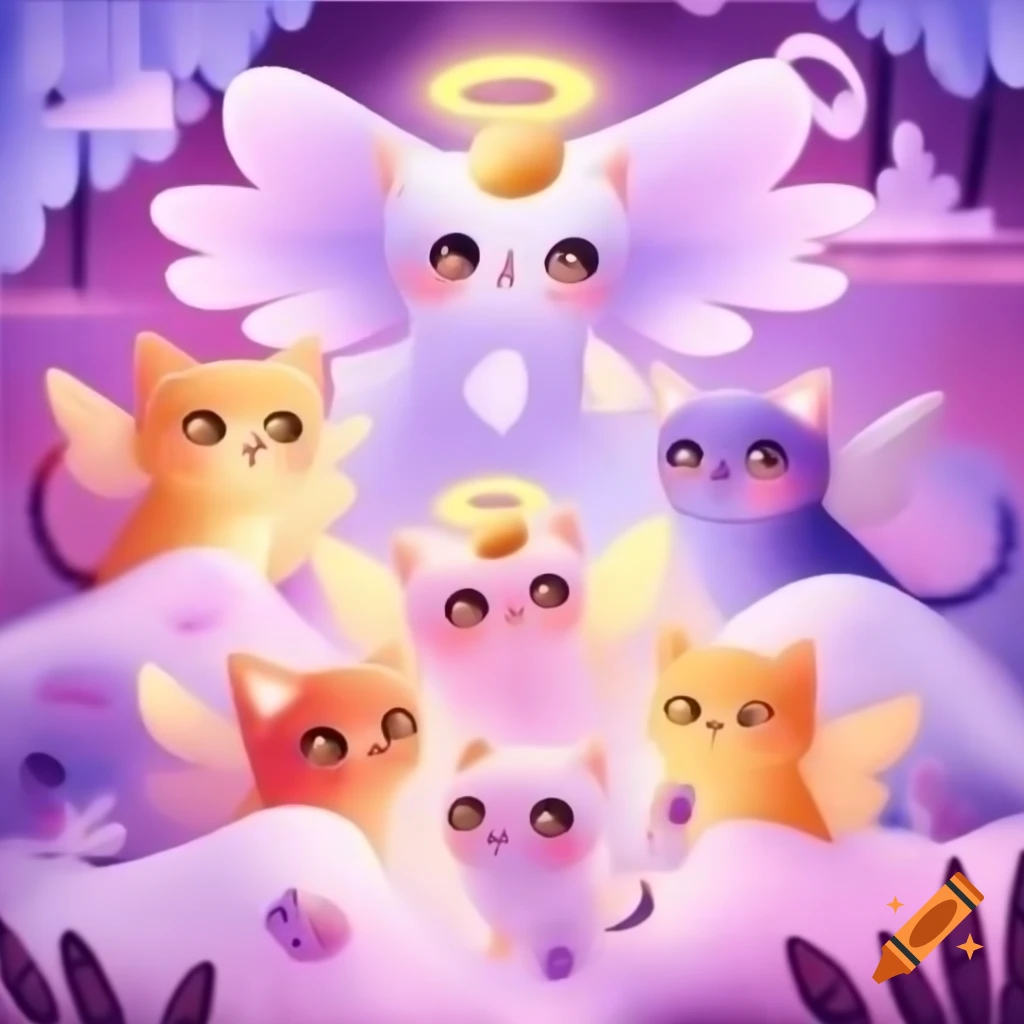 Group of cute angel kittens with wings and halos in pink and purple heaven, anime style