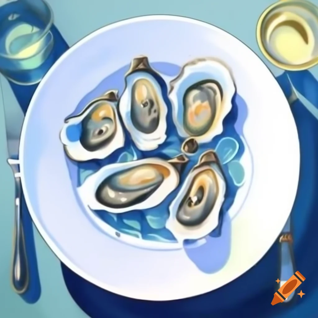 Hyper-realistic oil painting of oysters on a white plate with ice and a glass of white wine