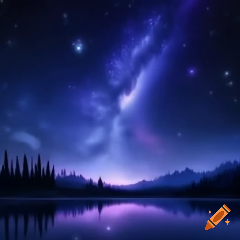 Starry blue and violet night sky above a lake