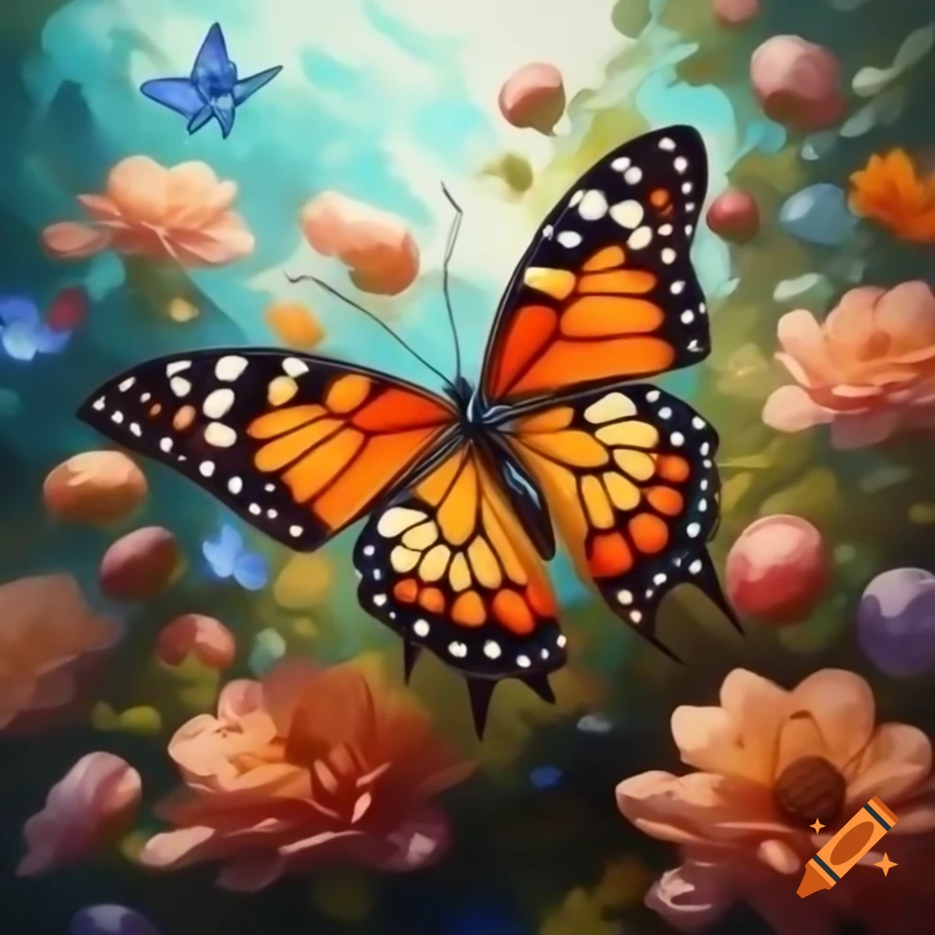 Butterfly flying among flowers in textured oil painting style