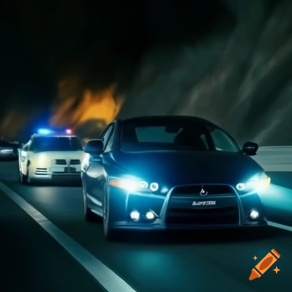 Mitsubishi Eclipse 2012 pursued by police cars on nighttime interstate