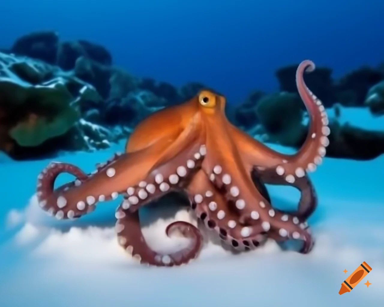 Close-up of an octopus swimming among snowy corals and marine vegetation
