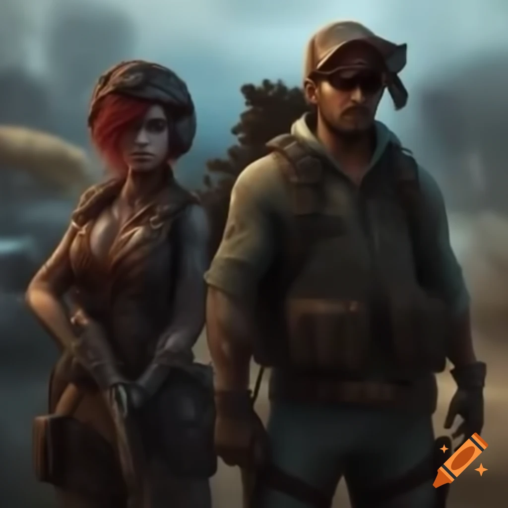 Outlaws Carlos and Rose equipped with gear in zombie apocalyptic world beside motorbike