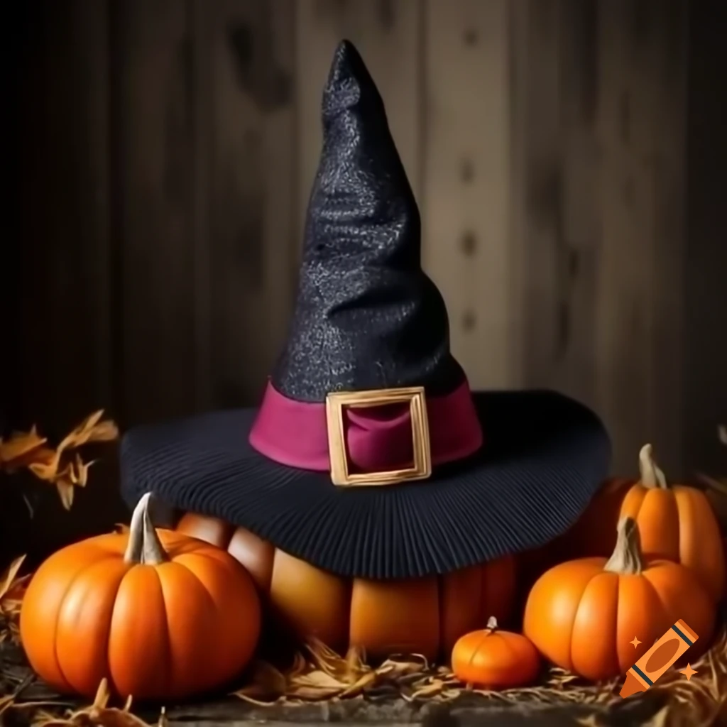 Witch hat surrounded by pumpkins in autumn setting
