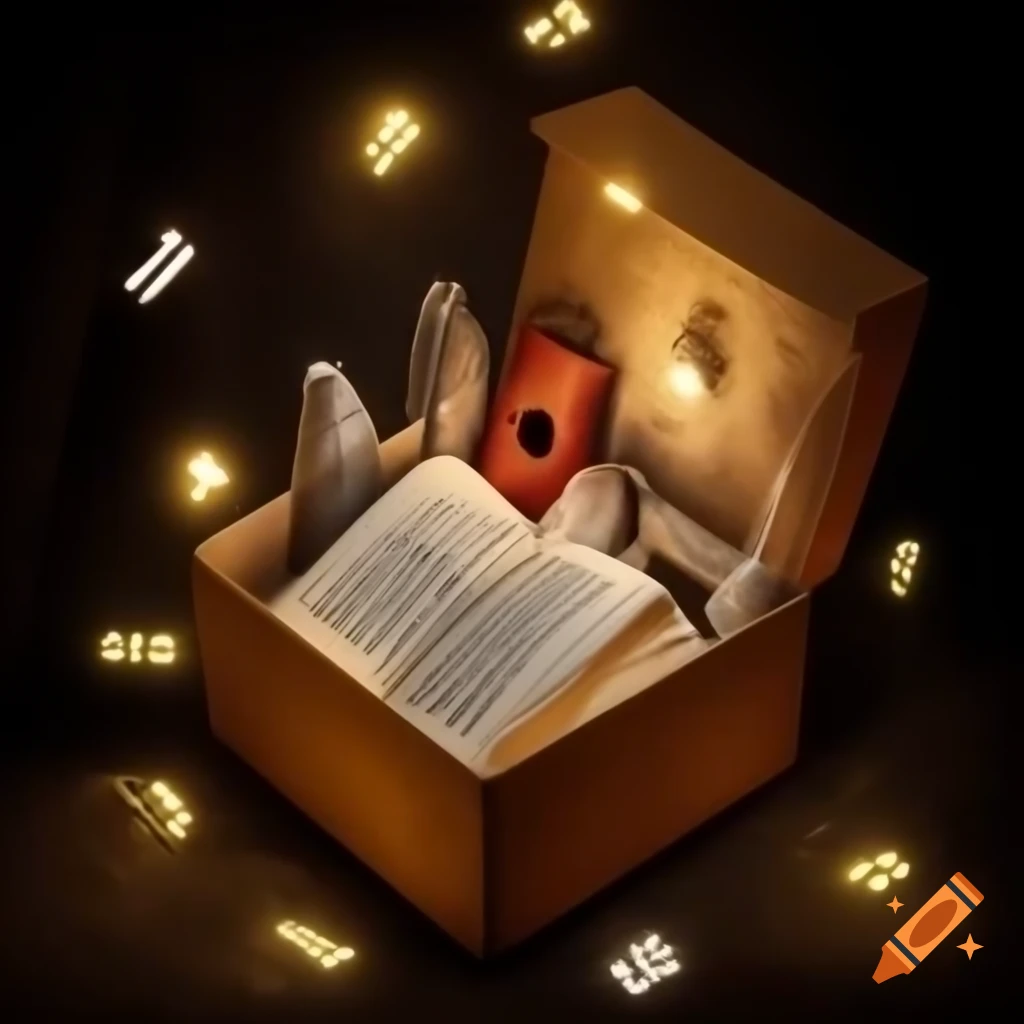 Box with stage lights, dress, musical notes, Shakespeare book, stage, and guitar