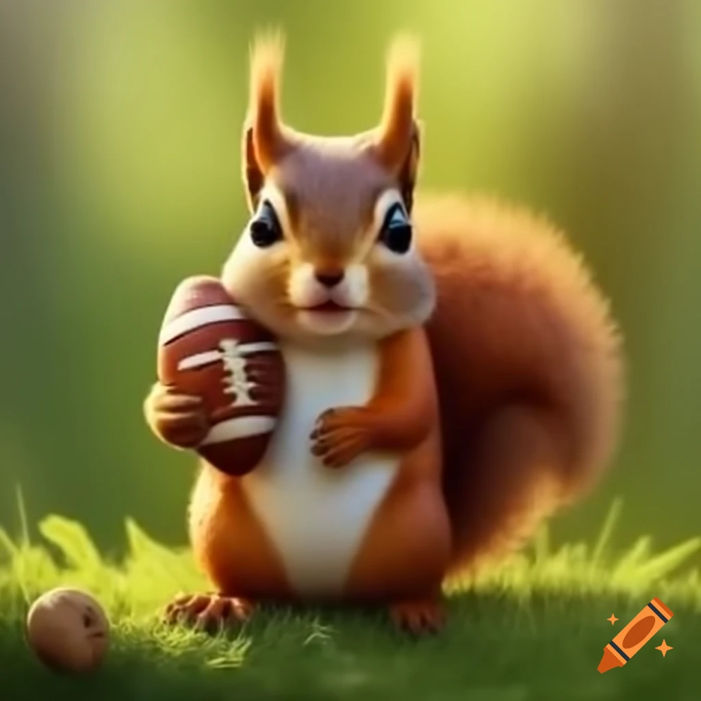 Squirrel wearing football helmet holding acorn
