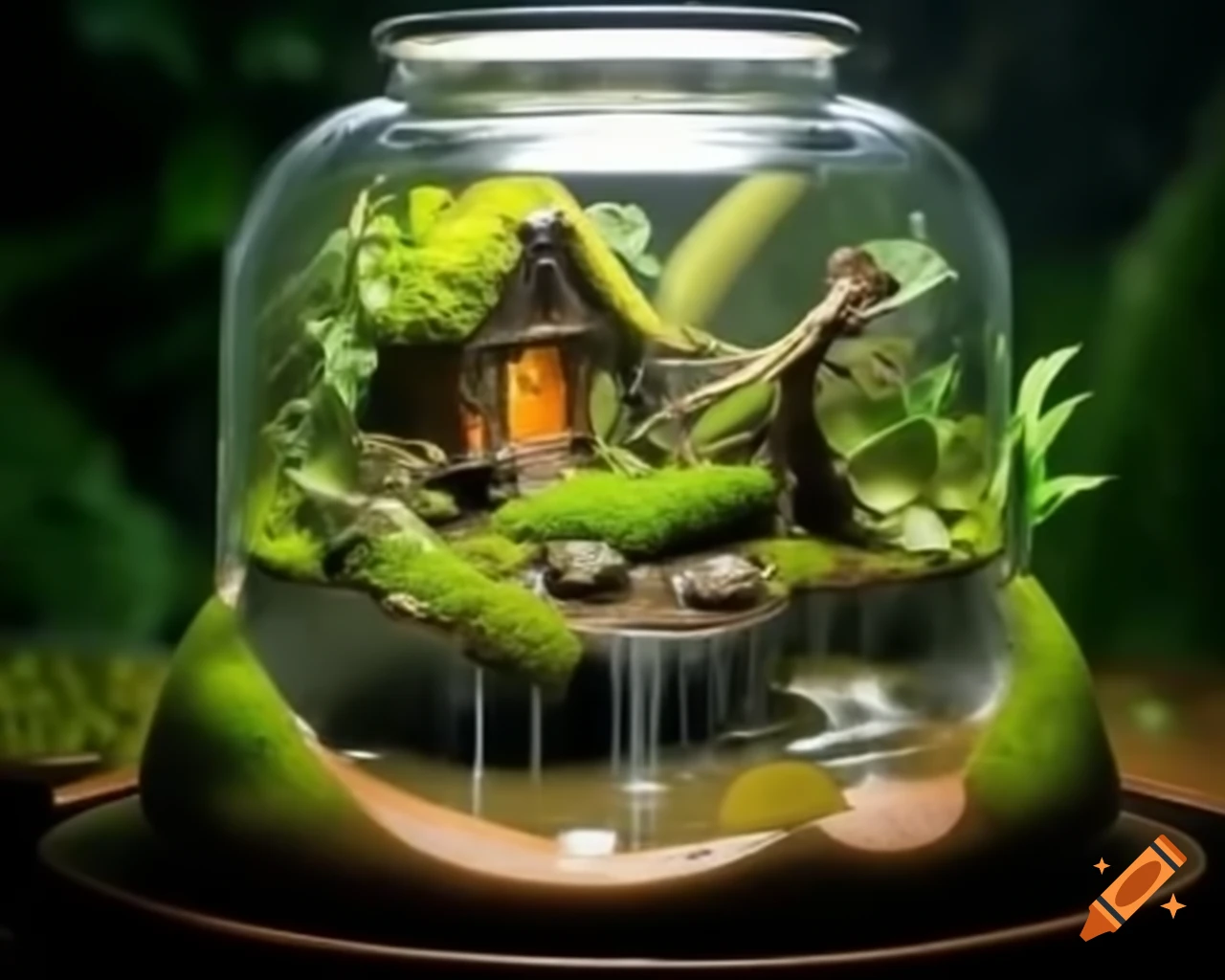 Diorama of terrarium featuring fairy house and lake puddle