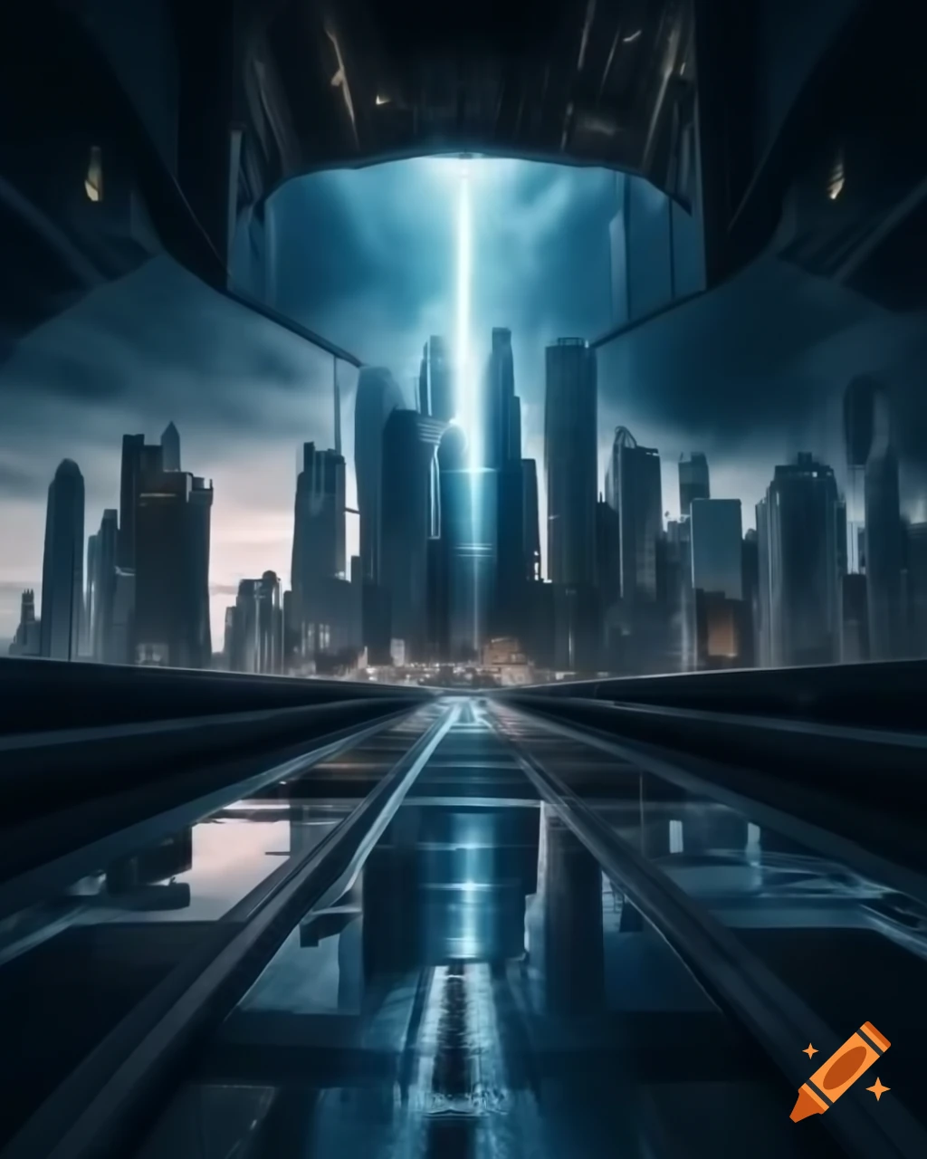 Futuristic cyberpunk cityscape with towering skyscrapers of concrete and steel