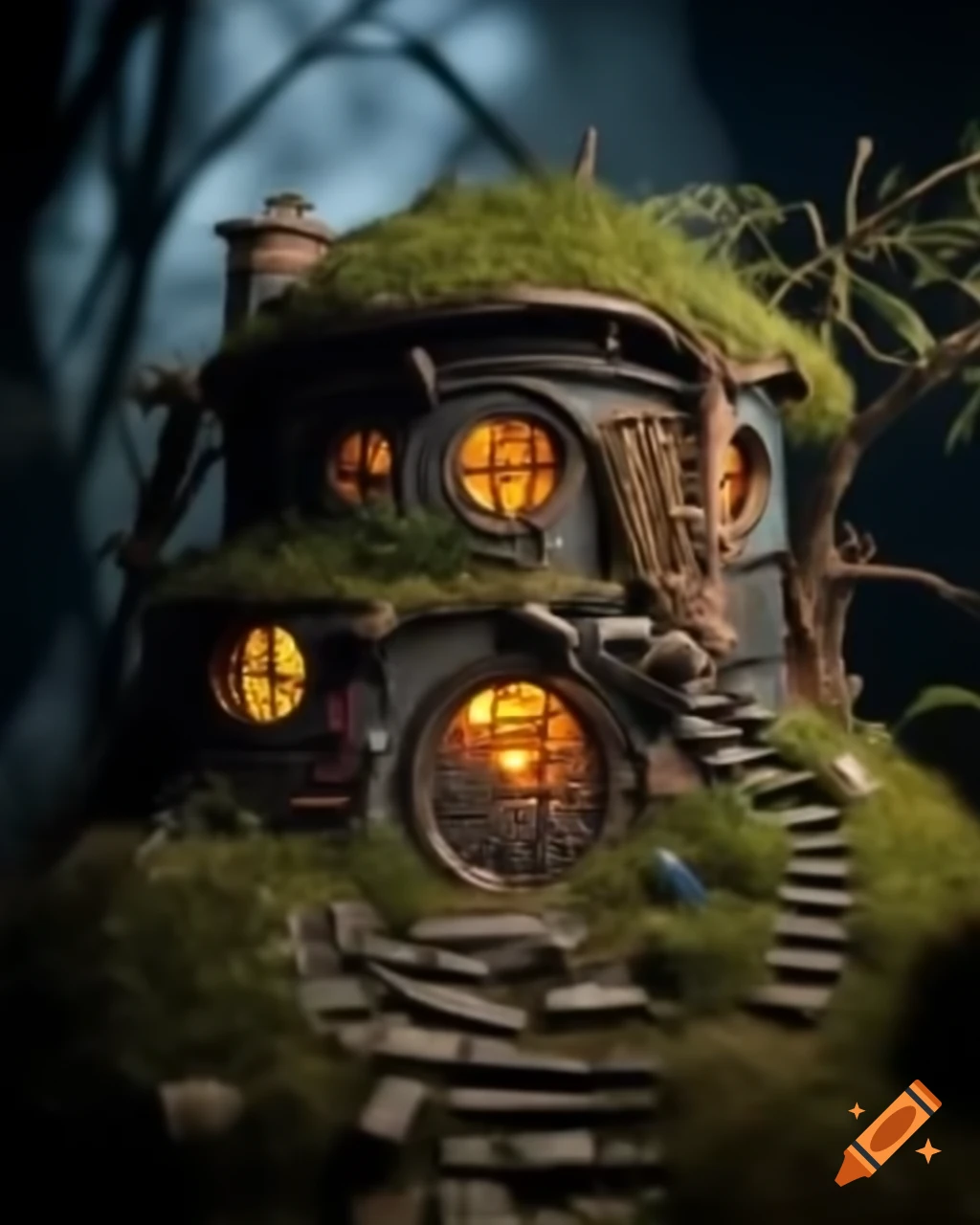 Post apocalyptic abandoned hobbit house diorama with natural lighting