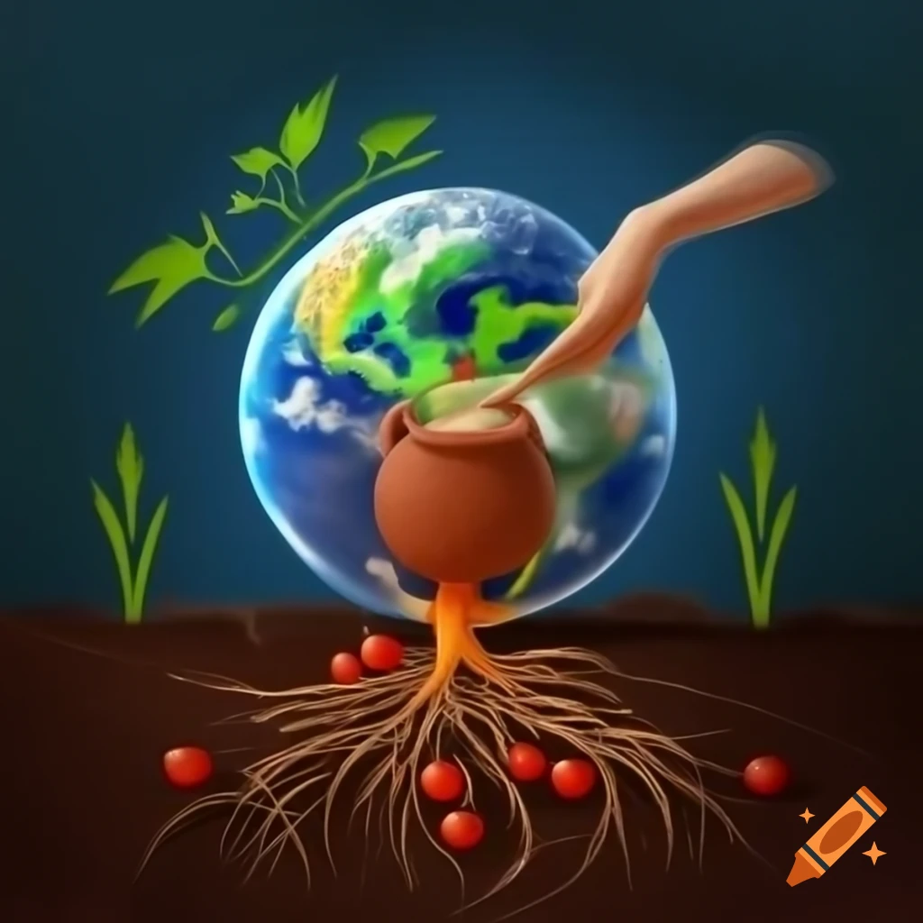 Hand-shaped roots rising from earth with a clay pot shaped like a woman's body filled with crops