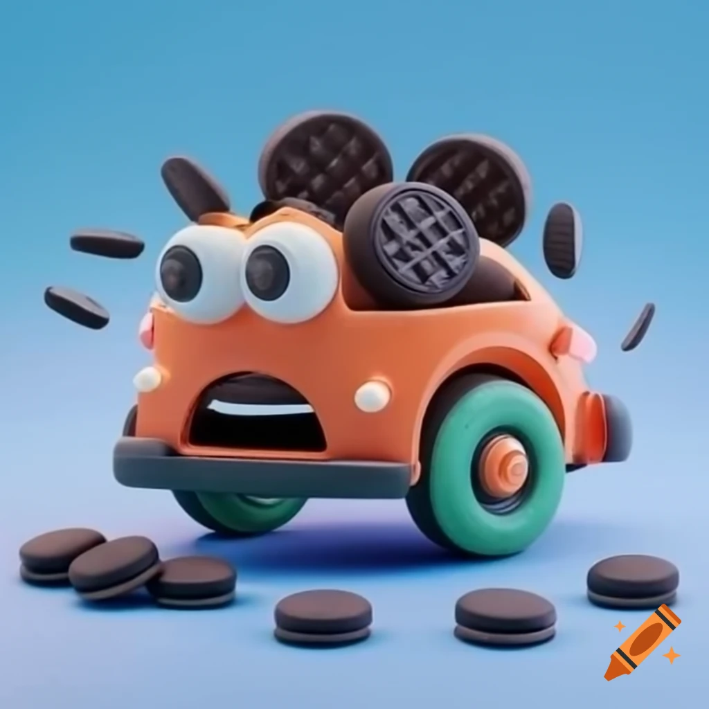 Car made of fried fish sticks with Oreo cookies as wheels