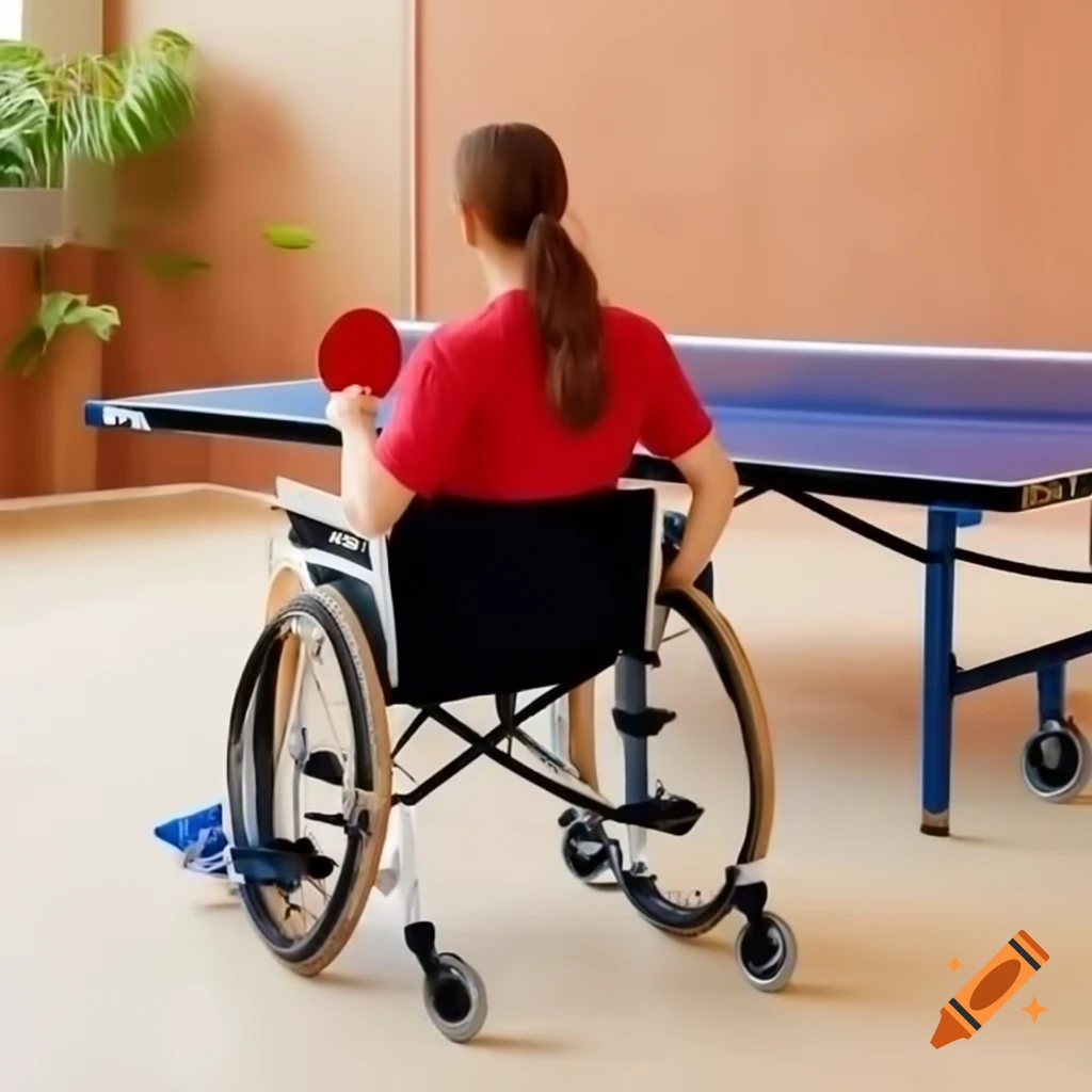 Table tennis match featuring athletes in wheelchairs