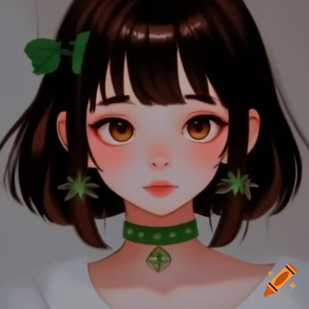 Side portrait of anime girl with dark brown hair and green pearl collar
