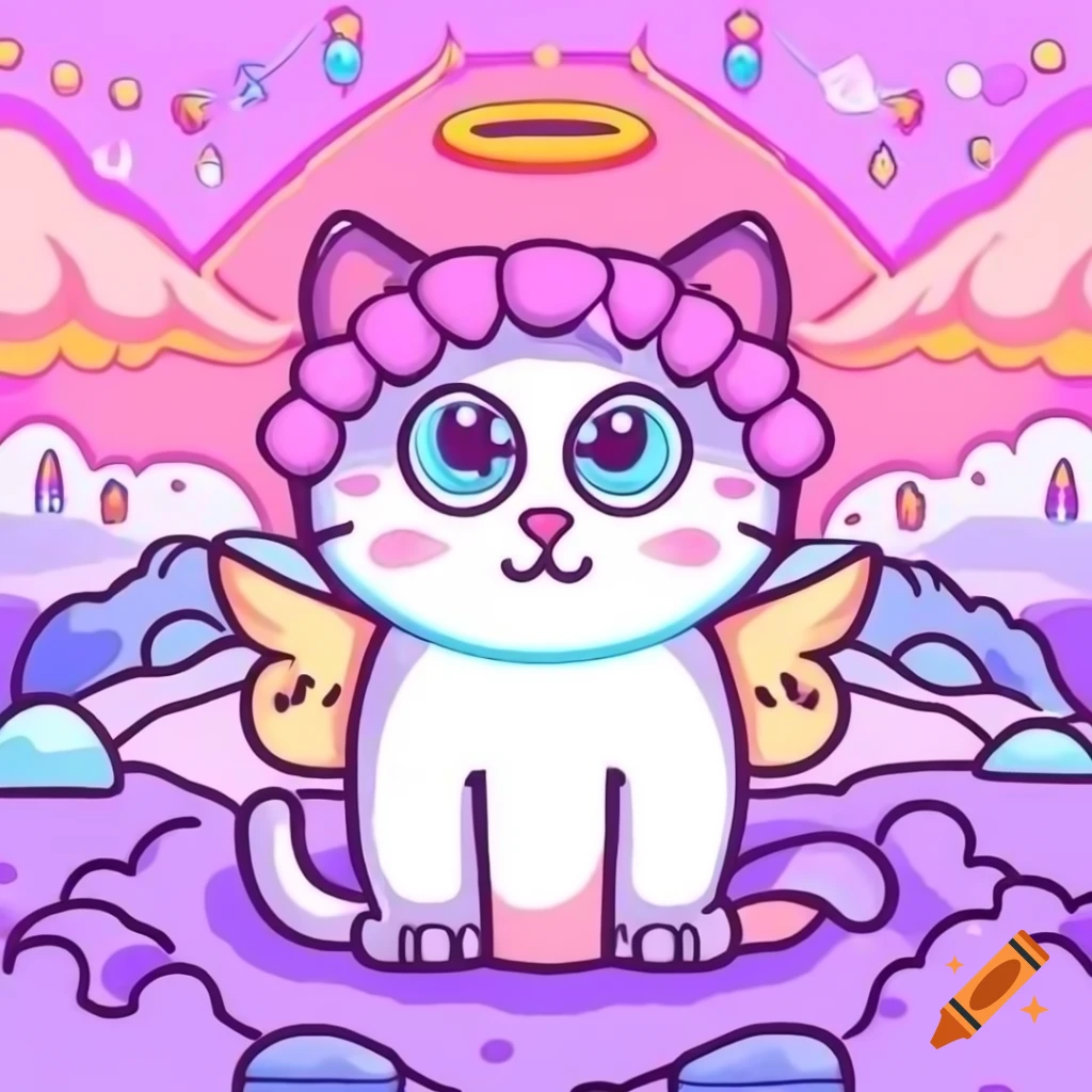 Cute angel kitten in pink and purple themed heaven, anime cartoon style