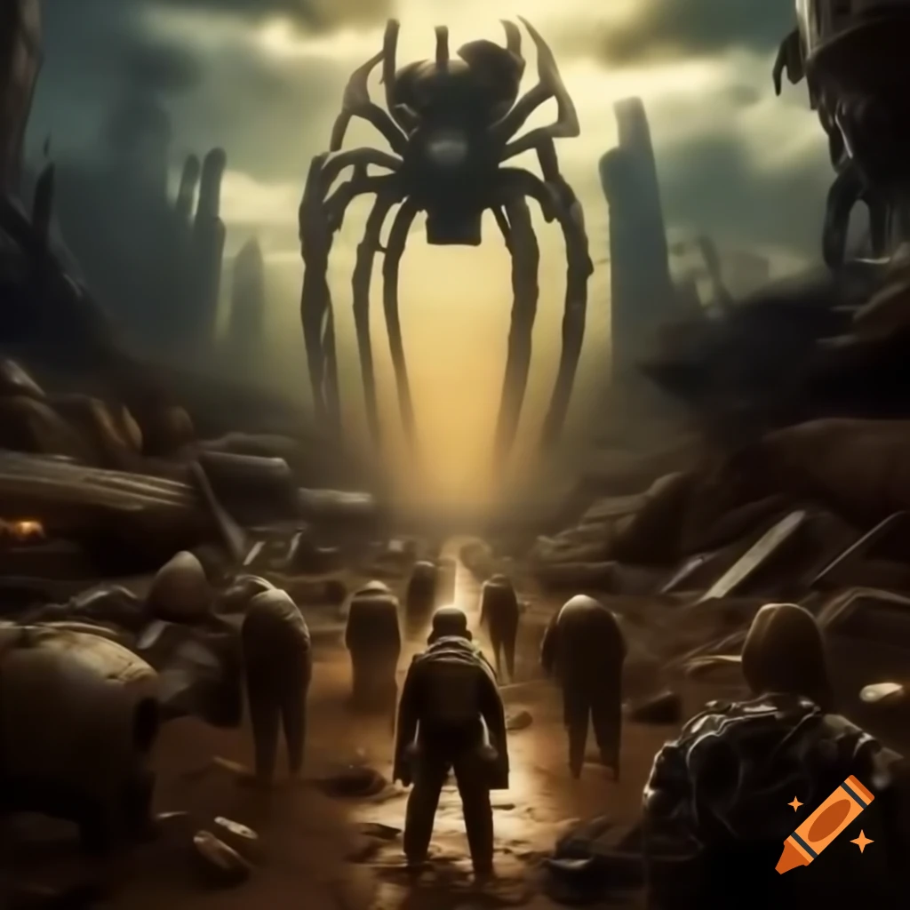 Post-apocalyptic wasteland with robotic soldiers and strange creatures