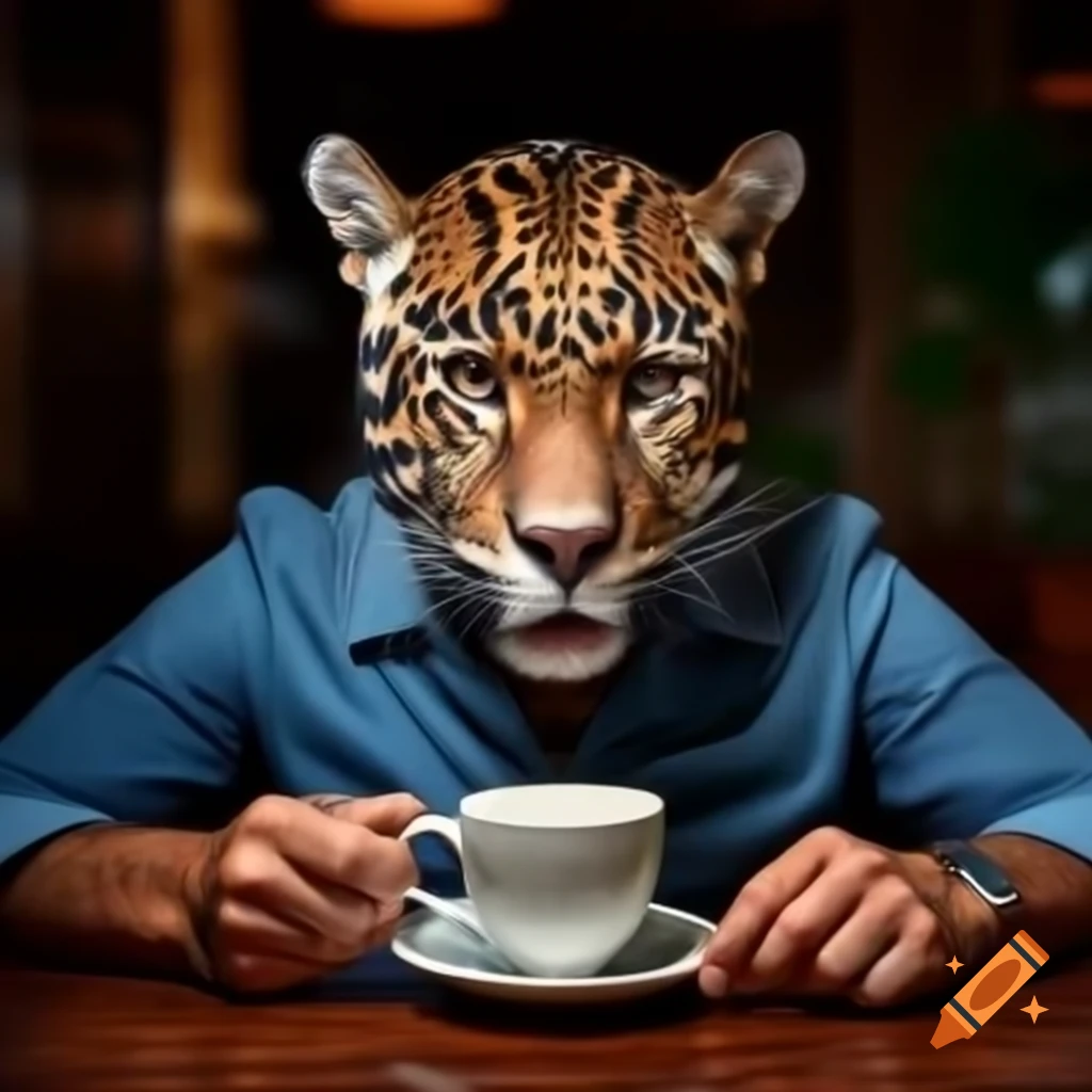 Man wearing jaguar mask while enjoying coffee