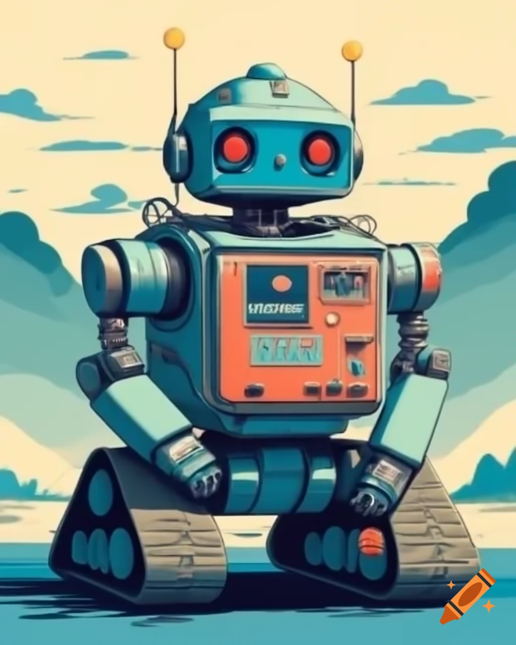 Cute humanoid robot illustration in Ghibli animation style