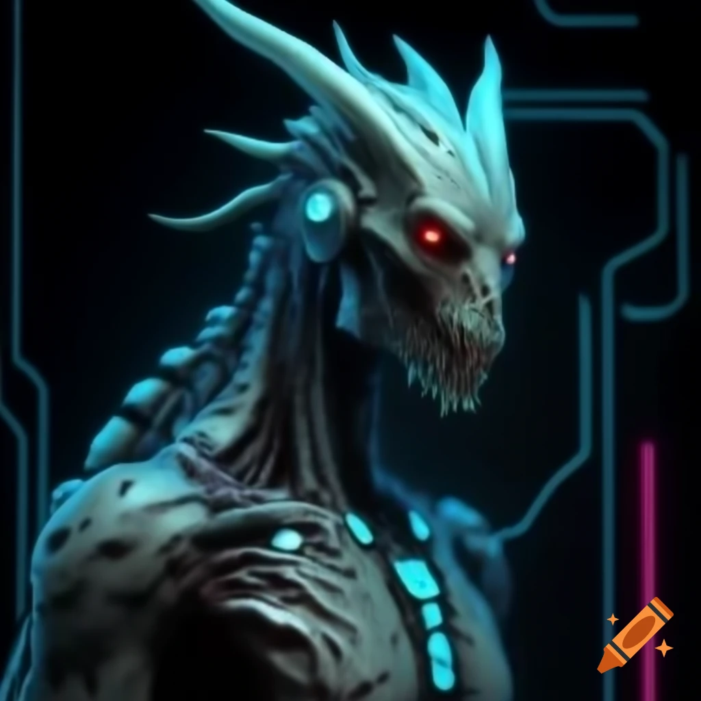 Cyberpunk mythical creature featuring neon lighting and holographic technology