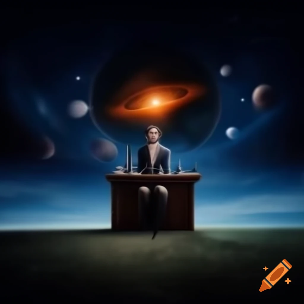 Surreal scene of figures emerging in a cosmic dream war at an amphitheater