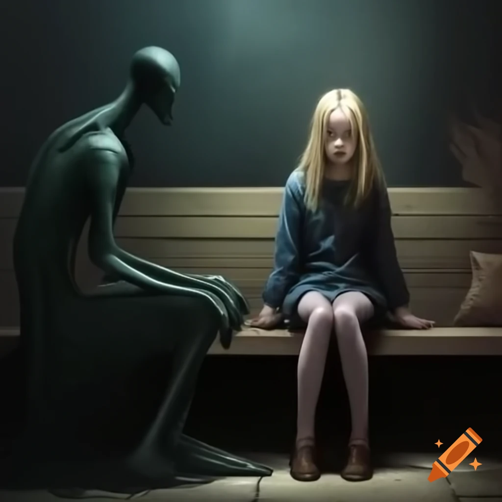 Blonde girl sitting on bench with tall brunette figure in the background