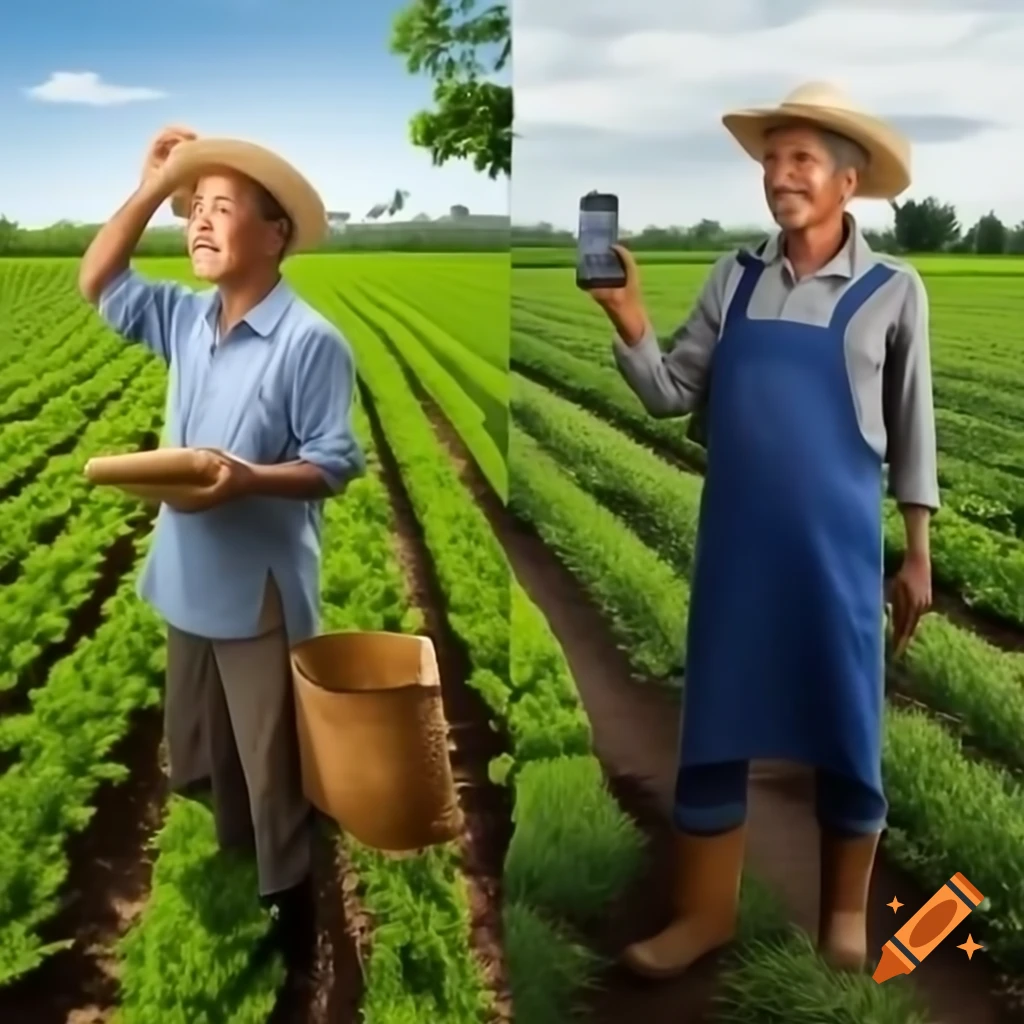 Split-screen image of two farmers in fields, older farmer using traditional practices