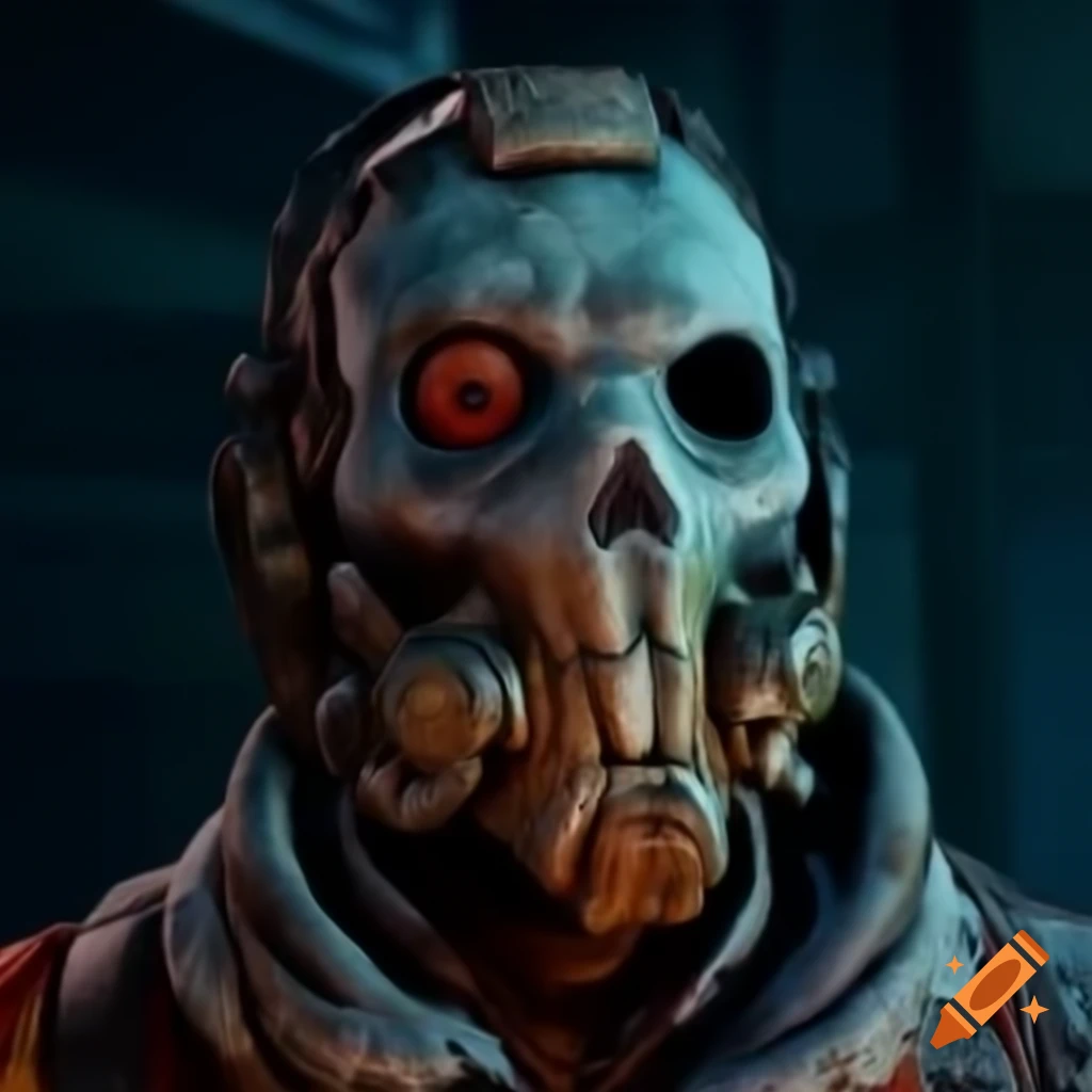 Cybernetic skull mask of a raider warlord in Borderlands screenshot, cell-shaded style