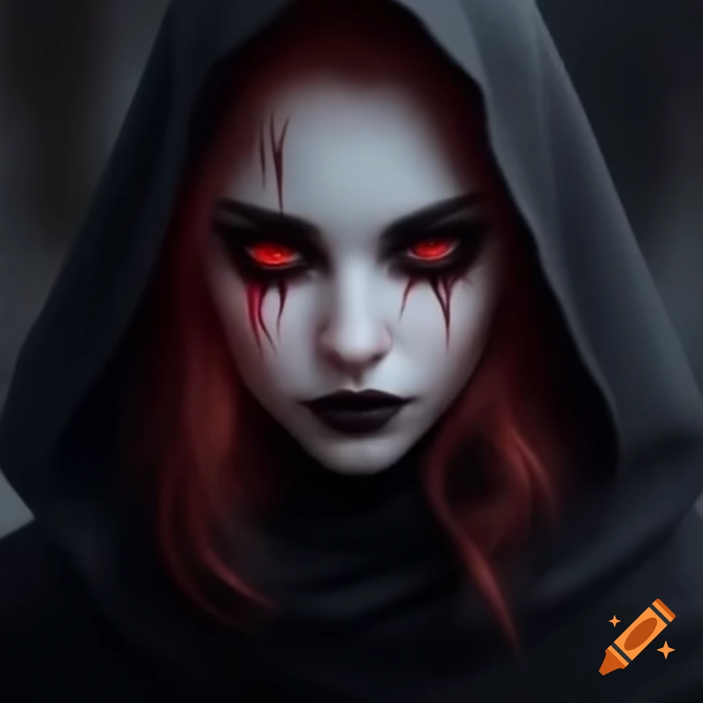 Hooded Figure At Night With Red Face Paint And Wide Open Eyes And Mouth 