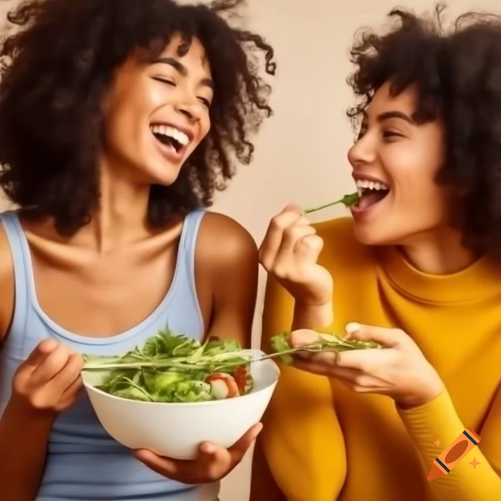Healthy smiling women enjoying fresh salad