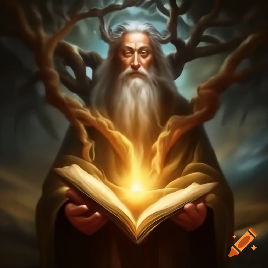 Person holding glowing golden scroll in serene landscape with grand tree