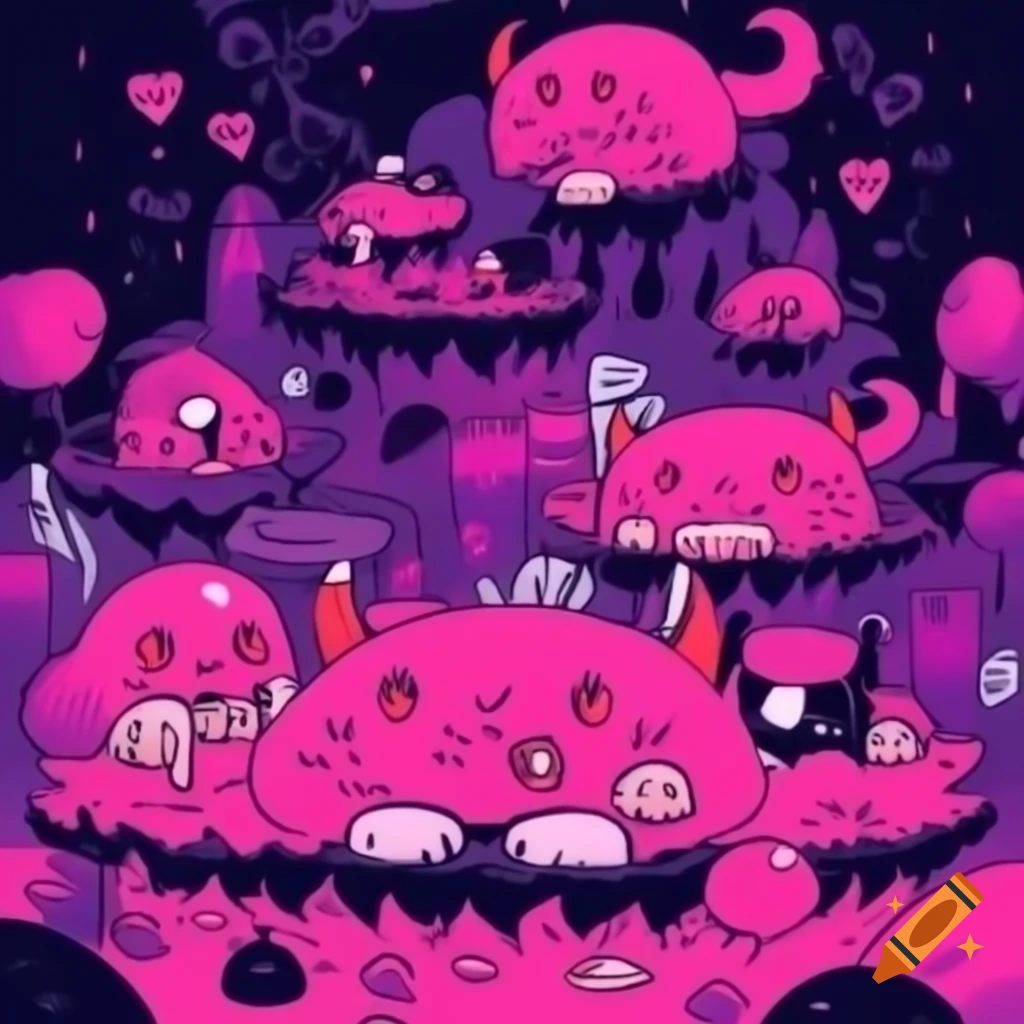 Cute devil horned kittens in colorful hell scenery, anime cartoon style