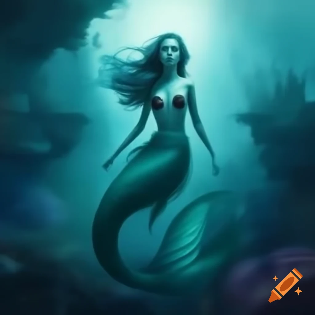 Dream-like mermaid in underwater city with muted blues and greens