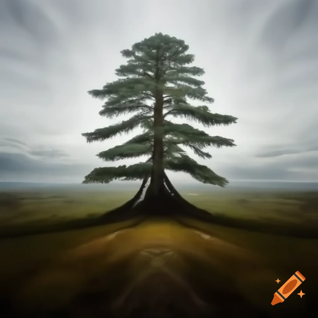 Vast jungle landscape featuring Yggdrasil as a fir tree in artistic styles reminiscent of notable artists