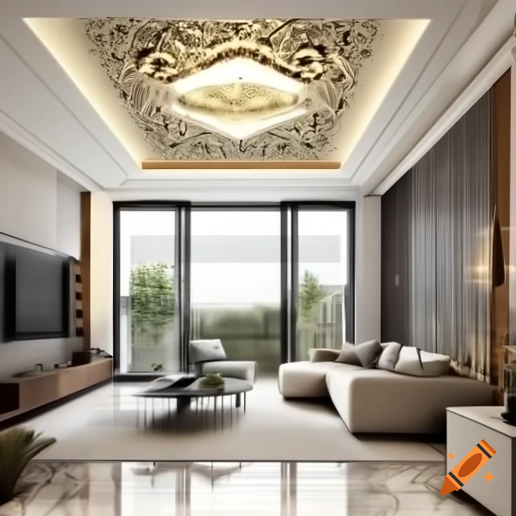 Modern interior design of a living room with glazing, spot lights, and elegant materials