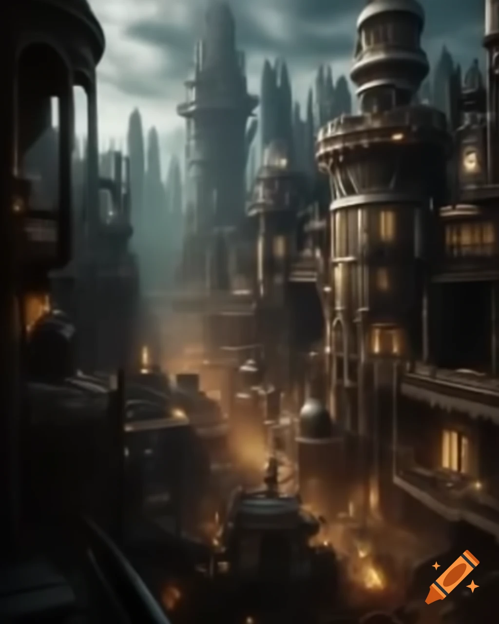 Grand cityscape with rusted skyscrapers and intricate clockwork machines