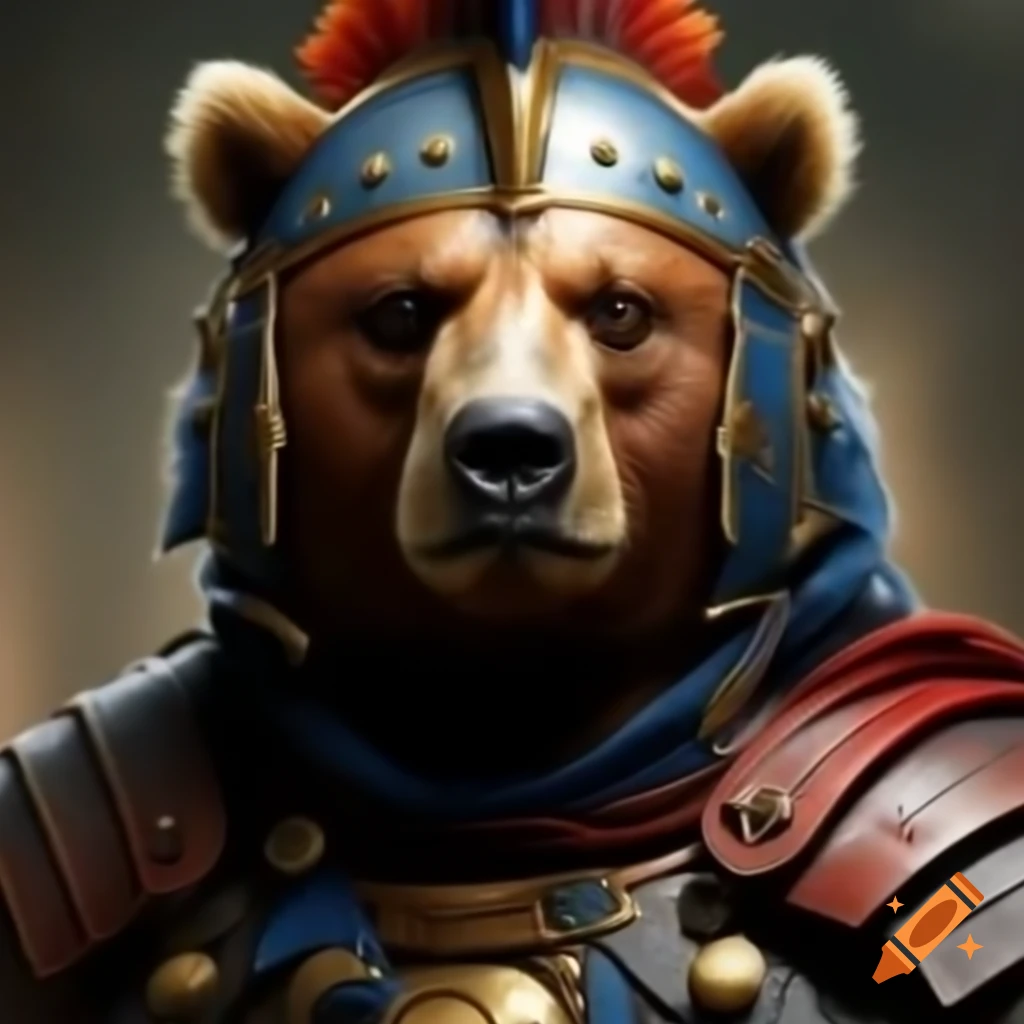 Brown bear dressed as Roman legionnaire with blue and orange uniform accents