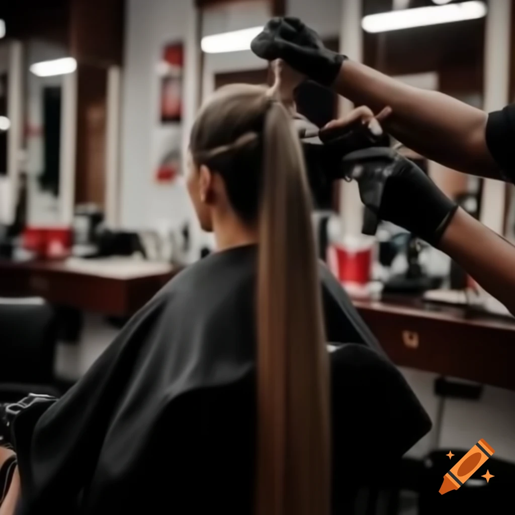 Woman with ponytail sitting in barbershop waiting for haircut